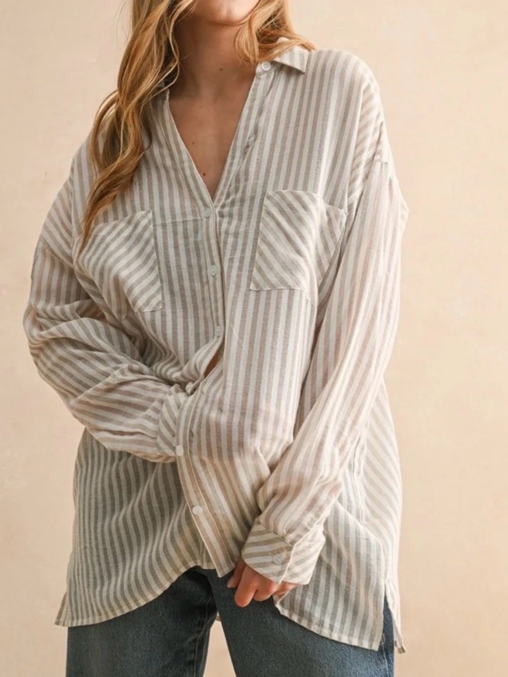 MIOU MUSE FRAY WHITE STRIPE LONG SLEEVE BUTTON FRONT BLOUSE SZ MEDIUM